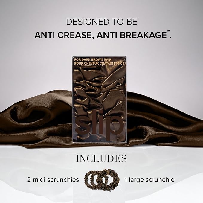 slip Back to Basics Dark Brown Midi &amp Large Scrunchie Set | Includes 2 Midi &amp 1 Large Pure Silk Scrunchies | 100% Mulberry Silk Anti-Crease Gentle on Hair Reduces Breakage | Elegant &amp D