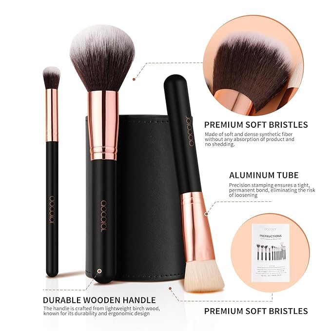docolor Makeup Brush Set Professional 15 PCS Black Wood Handle Makeup Brushes Premium Cruelty-Free Synthetic Fiber Hair Travel Make up Brushes Set with Case