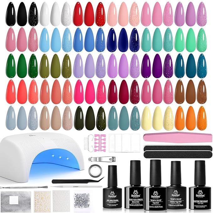 Beetles Gel Nail Polish Kit with U V Light -54 Pcs Gel Nail Kit Four Seasons Glow 32 Colors Set with Base Matte &amp Glossy Top Coat Soak Off Home Salon DIY Manicure Christmas Gifts for Women Teen Gi