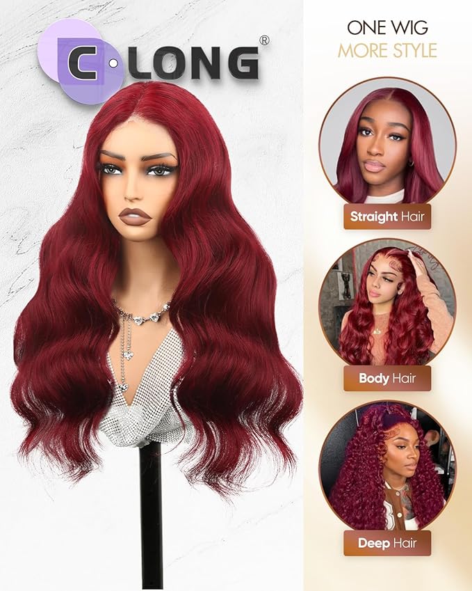 13X6 99j Burgundy Lace Front Wigs Human Hair200% Density 99j HD Lace Front Wigs Red Colored Body Wave Human Hair Wigs 30inch