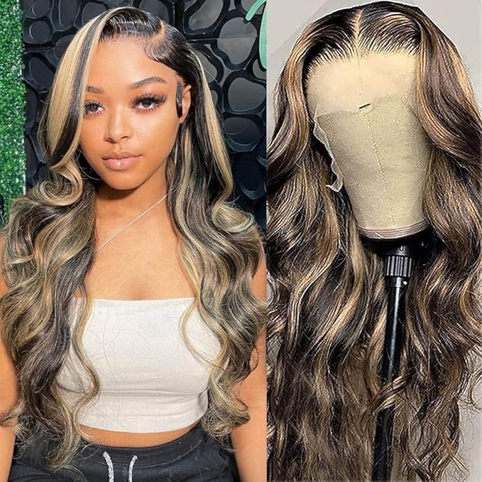 Blomas 22Inch 1b/27 lace front wig human hair 13x4 200% Density Body Wave Balayage Wig Human Hair HD Transparent Lace Glueless Wig Highlight Colored Wig Pre Plucked HD Lace Frontal Wigs
