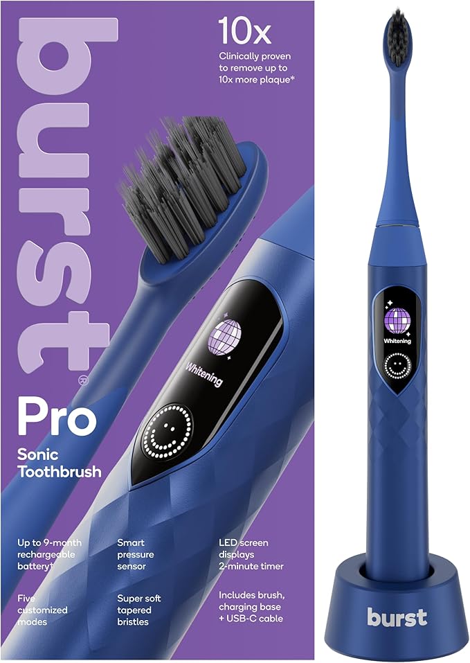 Burst Pro Sonic Advanced Electric Toothbrush for Adults (Blue) | Soft Bristles | 33000 Vibrations | Long-Lasting Battery and Multiple Brushing Modes