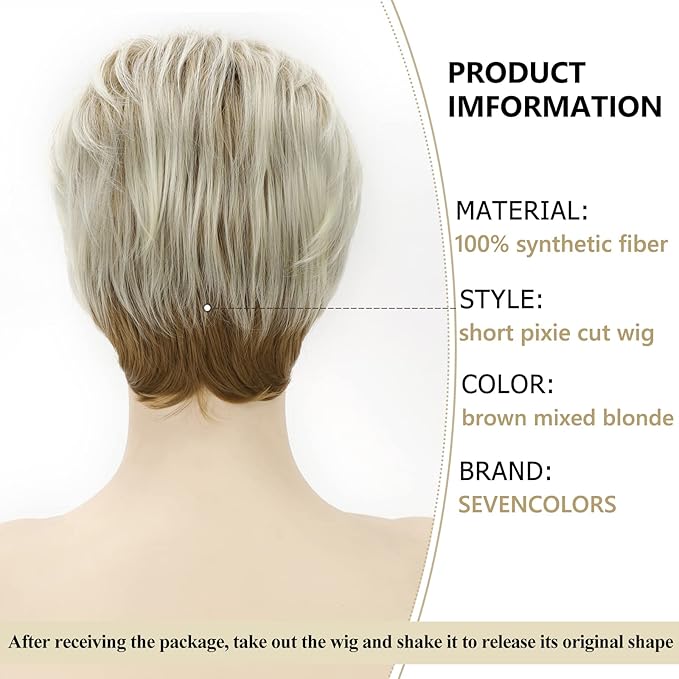 SEVENCOLORS Short Blonde Wigs for White Women Layered Mixed Blond Pixie Cut Wigs with Bangs Synthetic Short Hair Replacement Wigs