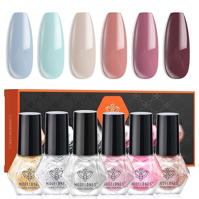 modelones Nail Polish 6 Colors Blue Quick Dry Mini Starter Kit Long Lasting Art DIY Manicure Set at Home for Women Girls