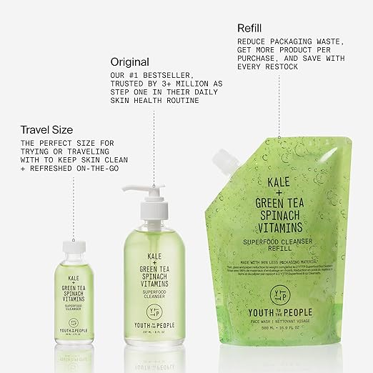 Youth To The People Superfood Facial Cleanser - Kale + Green Tea Daily Face Wash Gentle Makeup Remover with Soothing Antioxidants for Glowing Skin pH Balance Clean Pores Sulfate-free Refillable