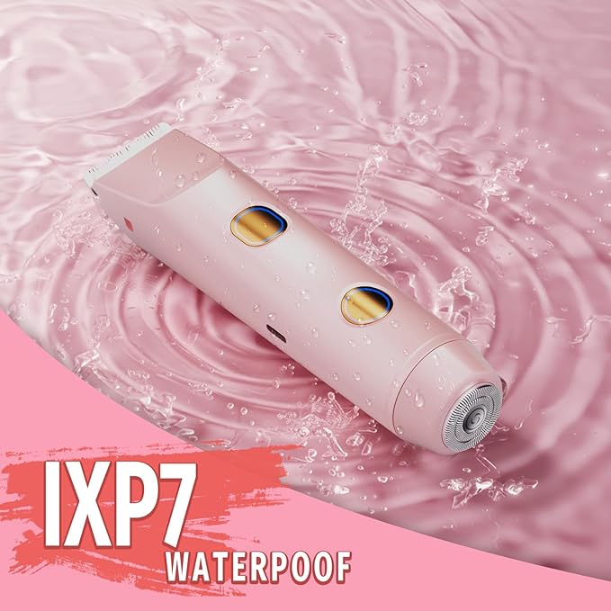 2-in-1 Bikini Trimmer for Women Bikini Shaver with Dual Heads Body and Facial Hair Removal Cordless Rechargeable Electric Razors for Face Chin Pubic Underarm Legs IPX7 Waterproof Pink