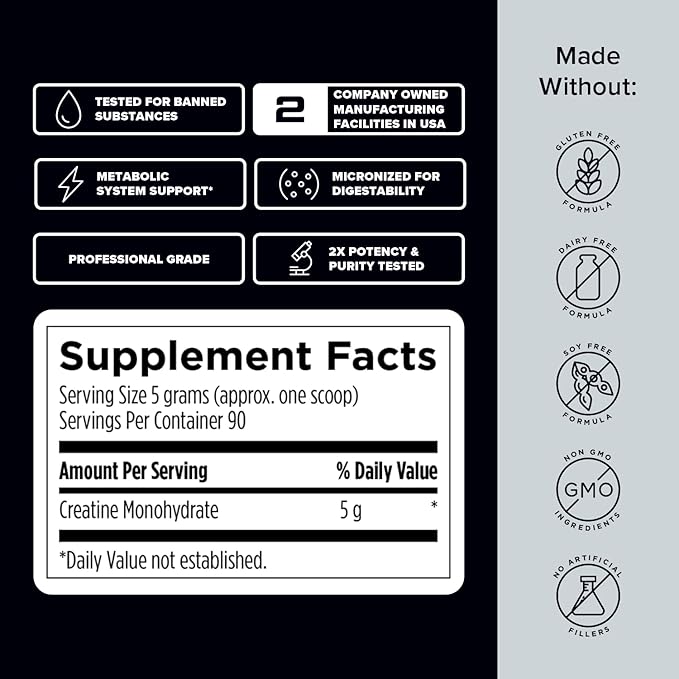 Designs for Sport Micronized Creatine Monohydrate Unflavored Powder - NSF Certified for Sport 90 Servings Supports Muscle Recovery Brain Health Pre and Post Workout Strength