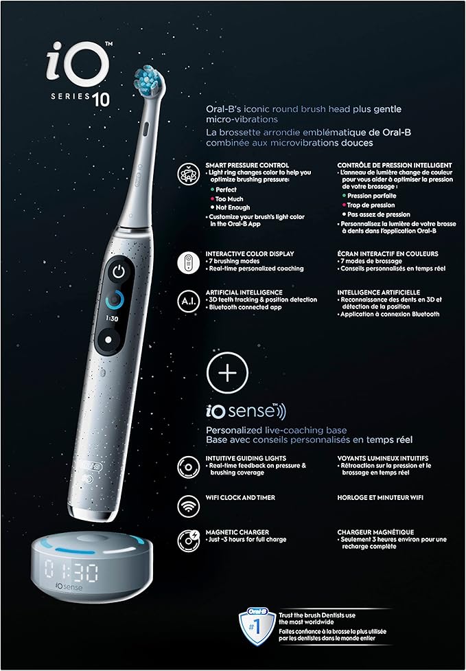 Oral-B iO Series 10 Rechargeable Electric Toothbrush with Visible Pressure Sensor to Protect Gums 2 Min Timer 7 Cleaning Settings 4 Replacement Toothbrush Heads and Charging Travel Case White