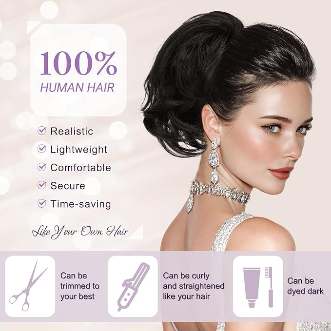 RUWISS Claw Clip Short Human Hair Ponytail Extension with Bendable Metals for DIY Styles Straight Messy Bun Hair Piece for Women Thick Hairpieces for Daily Wear 9 Inch Medium Brown