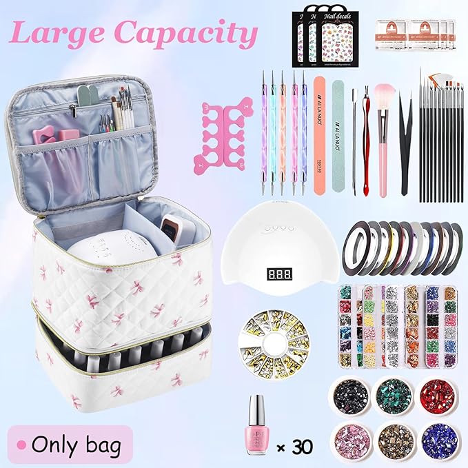 PU Leather Nail Polish Organizer and Nail Lamp Case Nail Kit Organizer Holds 30+ Bottles (15ml - 0.5 fl.oz) and a Nail Lamp Nail Polish Carrying Case with Manicure Tools Storage Sections (Pink Bow)