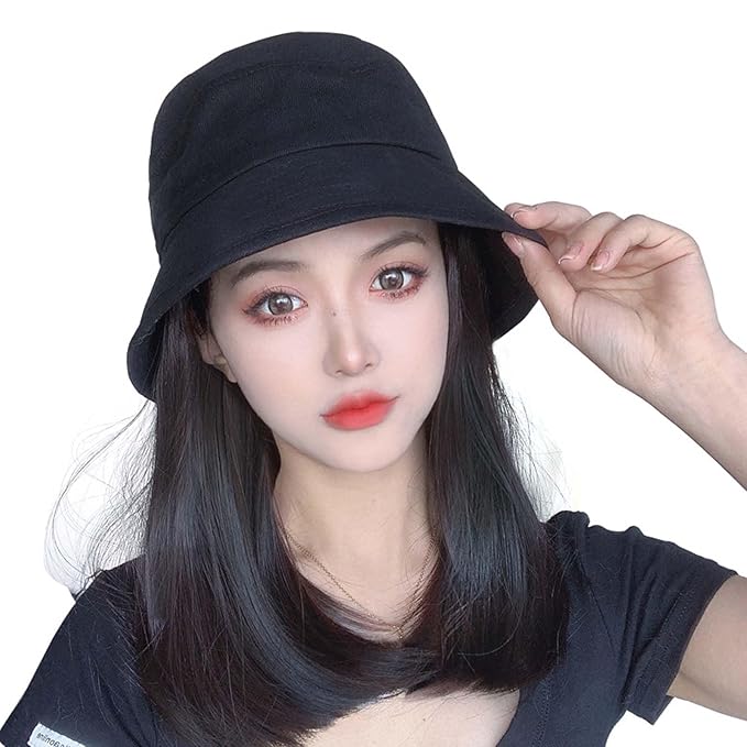 Detachable women's wig hat autumn summer bucket fisherman hat medium length hair with inner buckle collarbone wig