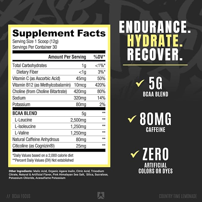 RYSE BCAA Focus Powder - Country Time Lemonade - BCAA Supplement with Electrolytes Natural Caffeine &amp Cognizin Supports for Hydration Recovery Energy and Focus for Men &amp Women - 30 Serving