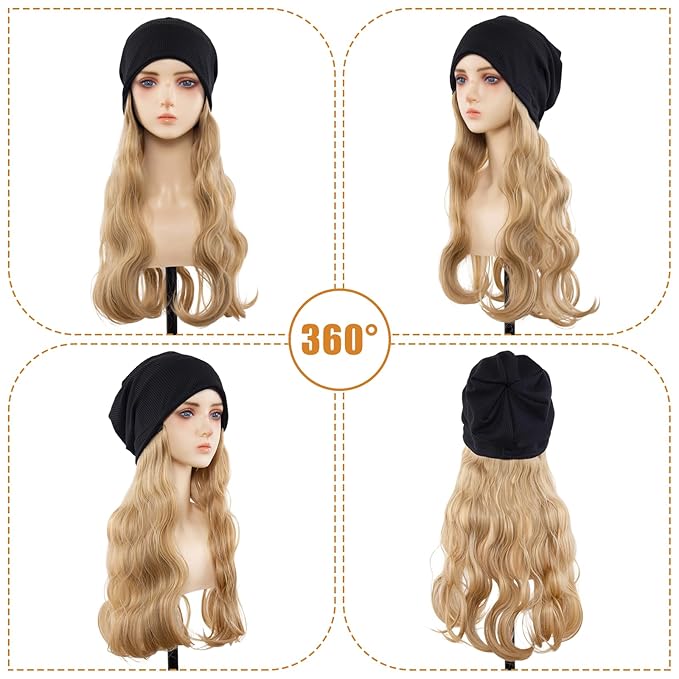 Long Curly Hair Synthetic Hat Wig Knitted Hat with Hair Attached for Women White Blonde Cosplay Beanie Wavy Wig Cap (28in)(Blonde)