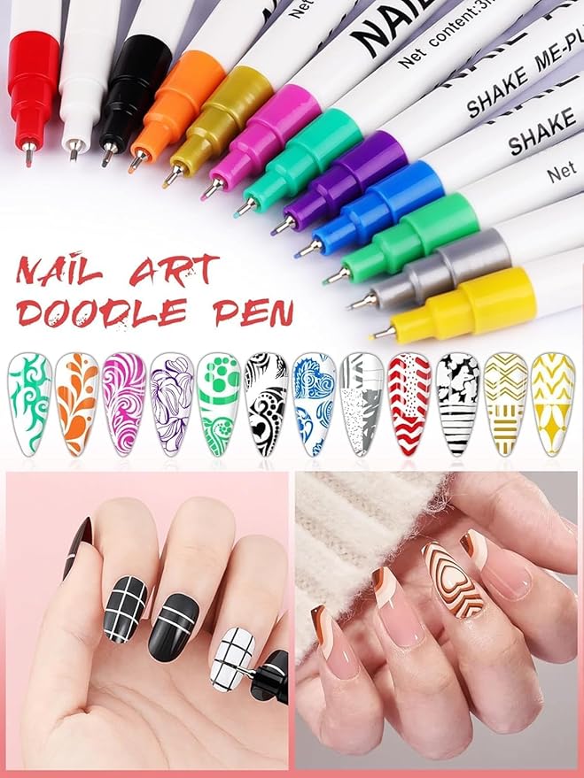 12 Color 3D Nail Art Pens Set Kalolary 0.5MM Nail Pens Nail Point Graffiti Dotting Pen Drawing Painting Liner Brush for DIY Nail Art Beauty Adorn Manicure Tools