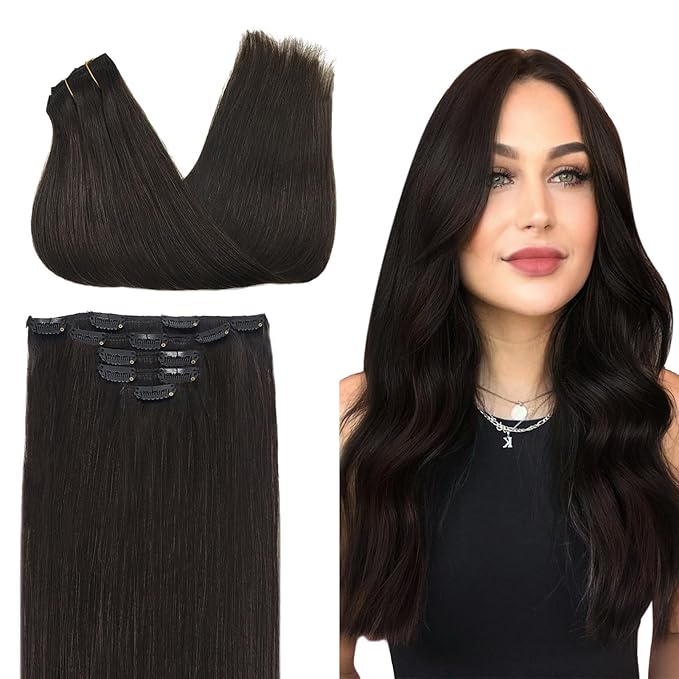 DOORES Human Hair Extensions Clip in 5pcs 85g Dark Brown 22 Inch Clip in Hair Extensions Natural Remy Hair Extensions