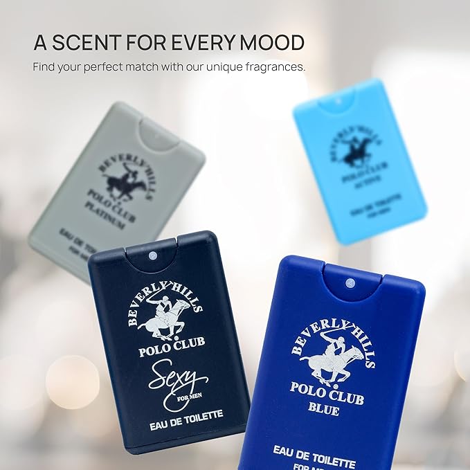 Beverly Hills Polo Club Men's 4-Piece Pocket Spray Set - active Sexy Platinum Blue EDT Collection