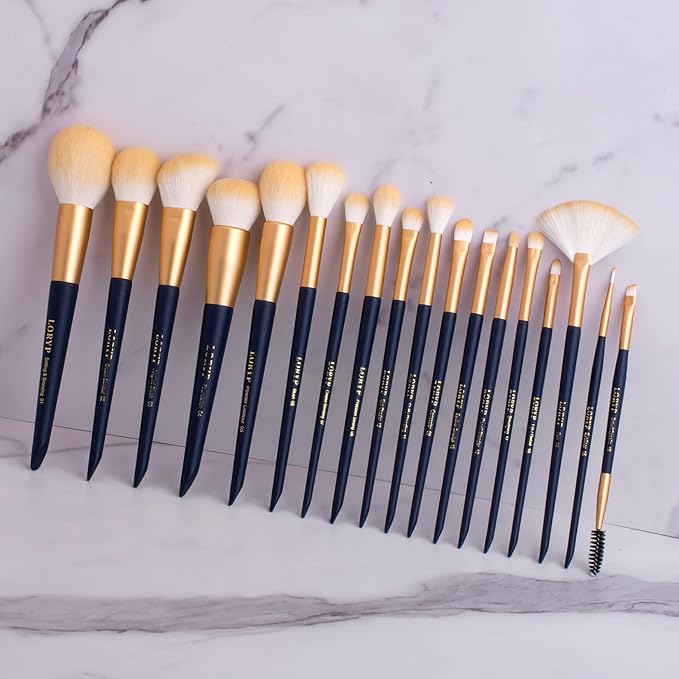 LORYP Makeup Brushes Set Labeled 18 Piece Face and Eye Brush Set Ultra soft hair Foundation Concealer Blush Contour Blending Eyeshadow Blue Brush kit