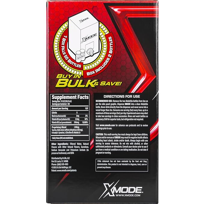 XMODE Extra Strength Energy Shots on Tap ? Cherry Bomb Flavor Sugar Free 150mg Caffeine per oz B12 100 (1oz) Servings Dispenser with 2 Refillable Bottles