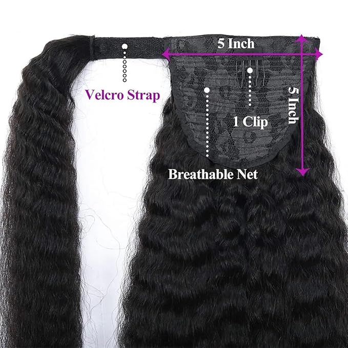 12 Inch Afro Kinky Straight Wrap Around Human Hair Ponytai Wrap Around Ponytail with Clips Soft and Bouncy Magic Yaki Kinky Straight Magic Paste Ponytail Virgin Remy Human Hair Extension