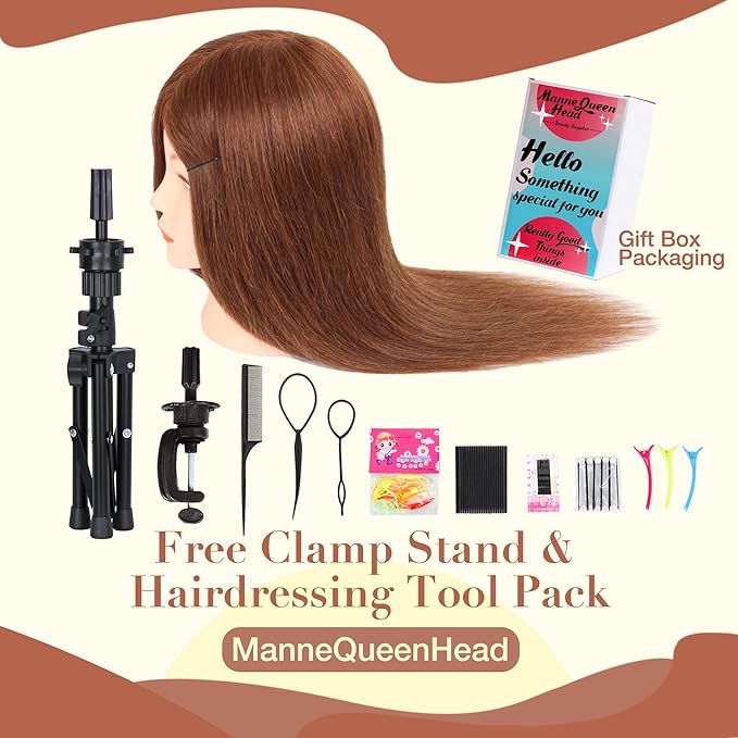 Mannequin Head with Human Hair - 20-22 Cosmetology Mannequin Head with 100% Real Human Hair for Braiding Practice Cutting - Manikin Head with Human Hair for Hairdresser with Tripod Set