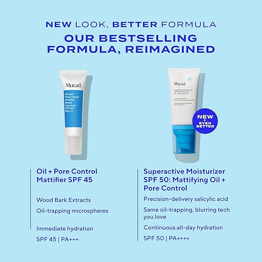 Murad Superactive Mattifying Oil and Pore Control Moisturizer SPF 50 - Shine Free Hydrating Facial Sunscreen Supercharged with Salicylic Acid To Smooth Texture and Minimize Look of Pores - 1.7Fl Oz