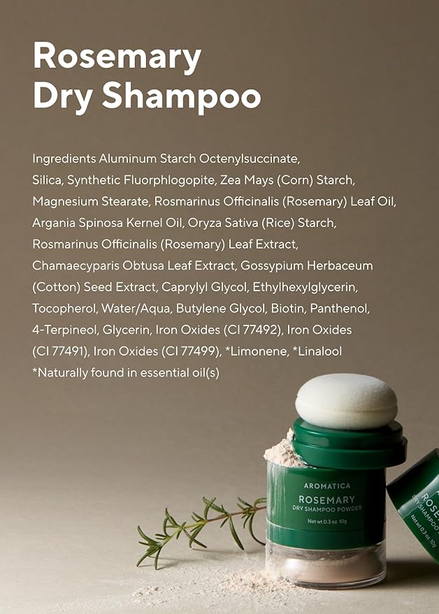 AROMATICA Rosemary Dry Shampoo Powder - Travel Size Dry Shampoo with Panthenol and Biotin for Hair | Volumizing Non Aerosol &amp Talc Free Korean hair care dry shampoo for women (10g/0.3oz)