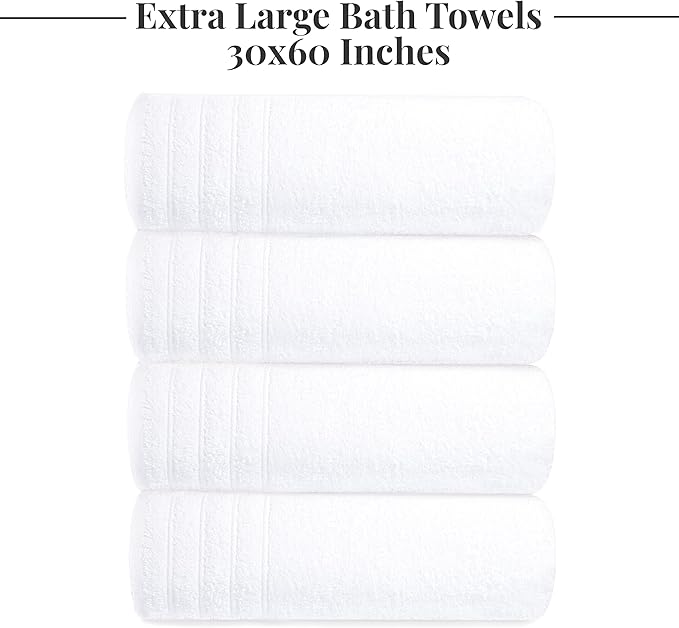 Tens Towels Pack of 4 Extra Large Bath Towels 30 x 60 Inches 100% Cotton Larger &amp Lighter Weight Quicker to Dry Super Soft and Absorbent Perfect for Bathroom White