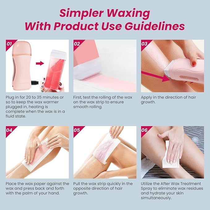 Roll On Wax Kit Portable Wax Roller Kit for Coarse/Fine Hair Removal Beginners Waxing Roller for All Skin Types with 3 Pcs 100g Roll Cartridge 100 Non-Woven Strips &amp 10 After Oil Wipes (F1_Pink
