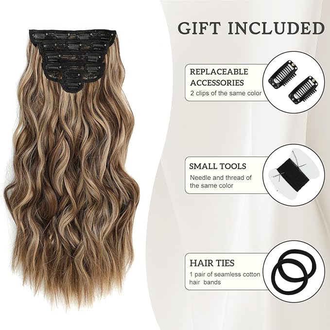 Clip in Long Wavy Synthetic Hair Extensions 20 Inch Light Brown with Blonde Highlights 6PCS Thick Hairpieces Fiber Double Weft Hair for Women