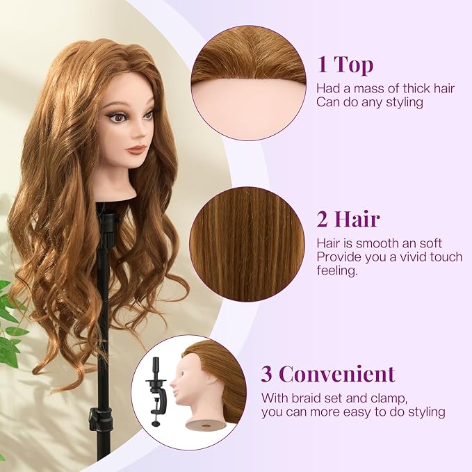 28 Mannequin Head with 80% Human Hair - Cosmetology Makeup Manikin Doll Head for Hair Styling Hairdressing Training Practice Braiding Head with Table Clamp Styling Set Suitable for Hair Extensions