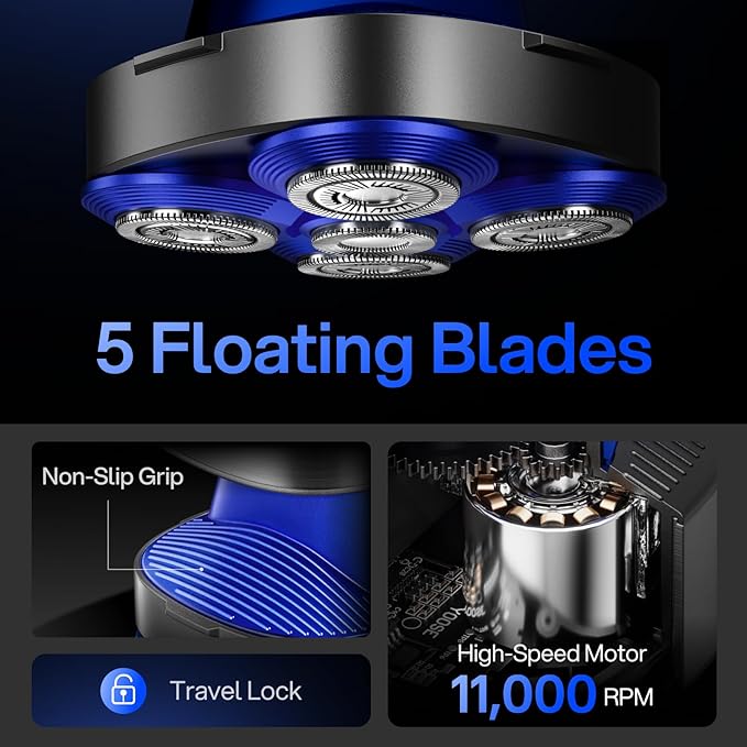 yoose Head Shavers for Bald Men IPX7 Skin Close Electric Razor for Men (Ergonomic Design USB-C 90-Min Usage 5 Floating Cutting Heads) Intelligent PID Control Battery Indicator H5 Silver