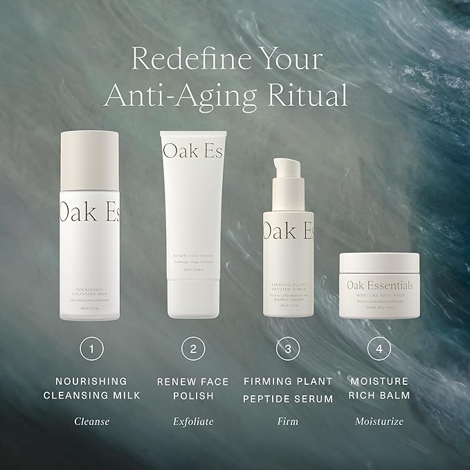 Oak Essentials Youthful Skin Routine Set | 4-Step Skin Renewal Kit with Peptide Serum Face Polish Cleansing Milk &amp Moisture Balm