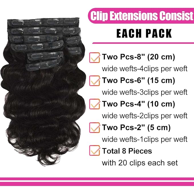 14 Inch Clip in Hair Extensions Real Human Hair Natural Black Clip in Extensions For Wamen Body Wave Human Hair Clip ins 8Pcs 110g