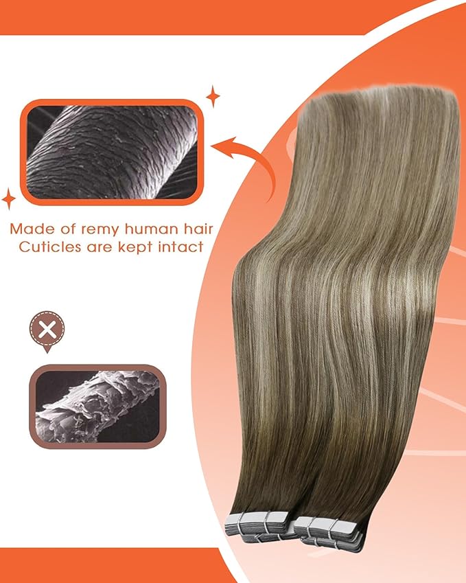 Sunny Hair Tape in Hair Extensions Real Human Hair Invisible Remy Hair Extensions Tape ins for Women Cool Brown Ombre Light Brown Balayage Medium Blonde 22 inch 25G