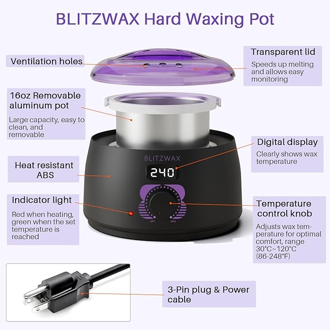 BLITZWAX Brazilian and Bikini Wax Pot for Women Hard Waxing Warmer for Face Legs and Body At Home Hair Removal Machine Beginner Friendly Digital Fast Heating 16oz Capacity