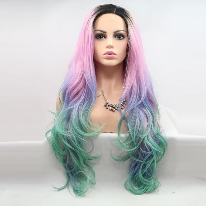xiweiya Pink to Blue Green Ombre Wavy Wig 24 Long 180% Density Heat Resistant Synthetic Hair Lace Front Medium Cap Size 22.5 Inches