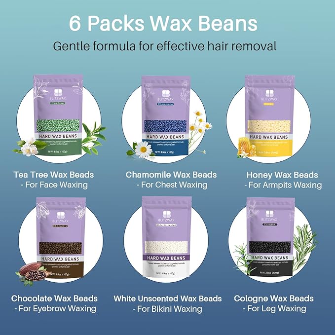 BLITZWAX Back and Nose Waxing Kit for Men Hard Wax Warmer for Brazilian Body and Face At Home Hair Removal Kit Beginner Friendly Quick Heating 93 Accessories Blue Waves