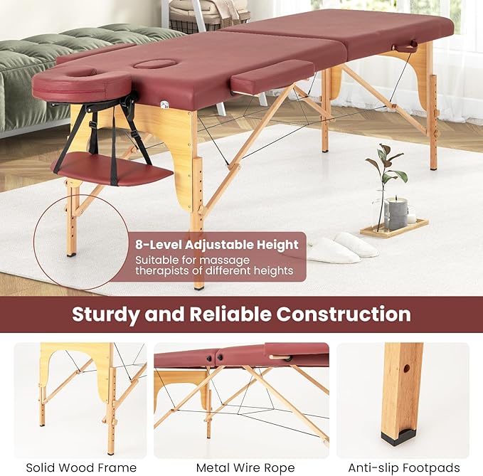 Giantex Massage Table Portable Massage Bed w/Carrying Case 2-Section Salon Spa Facial Care Tattoo Bed Height Adjustable Wood Frame Professional Massage Lash Bed for Eyelash Extension (Red)