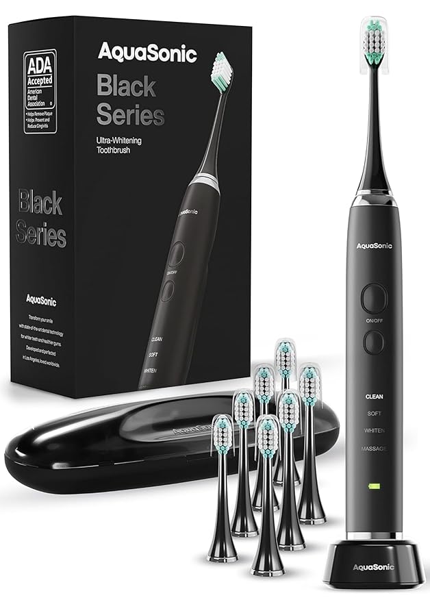 Aquasonic Black Series Ultra Whitening Toothbrush ? ADA Accepted Electric Toothbrush- 8 Brush Heads &amp Travel Case ? 40000 VPM Electric Motor &amp Wireless Charging - 4 Modes w Smart Timer