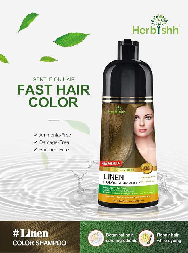Herbishh Hair Color Shampoo - Magic Gray Hair Dye Long-Lasting 3-in-1 Coloring Formula 500ml Ammonia-Free (Linen)