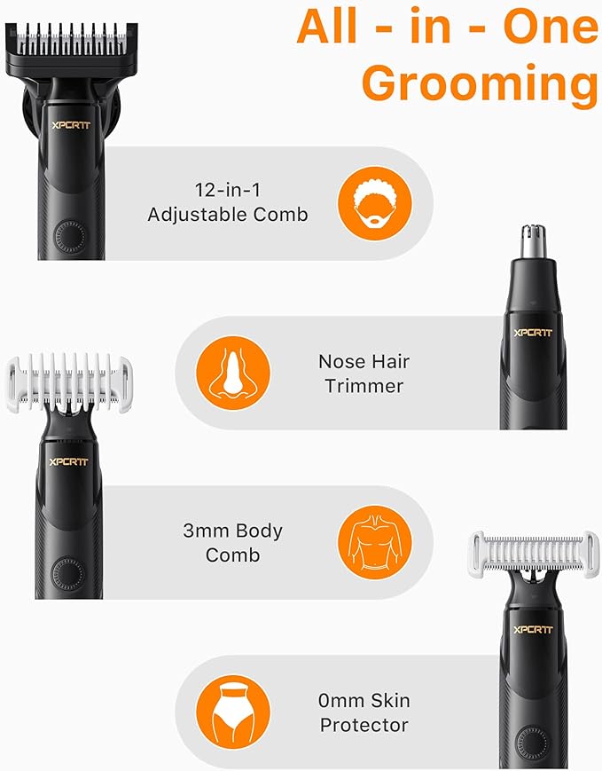 [2025 Upgraded] Beard &amp Nose Hair Trimmer Kit [All-in-One] 12 in 1 Rotating Comb Travel Body Hair Electric Shaver for Men USB-C Fast Charging Painless Razor Waterproof Wet/Dry Black(Pack)