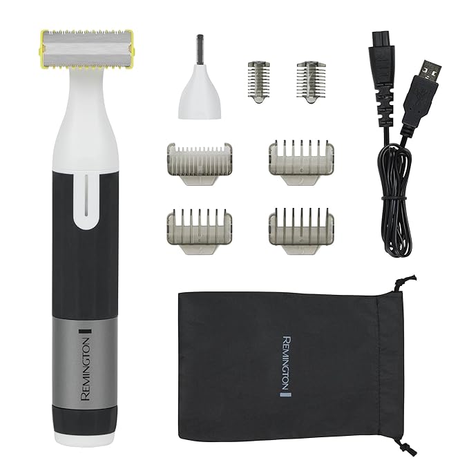 Remington Omniblade Face &amp Body Shaver for Men 100% Waterproof Rechargeable Razor with Removable Head 35mm Main Blade + 7 Attachments (Adjustable Precision Stubble Combs &amp Micro Trimmer)