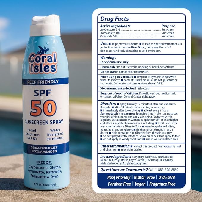 Coral Isles Sunscreen Spray SPF 50 - Hawaii Compliant - Oxybenzone &amp Octinoxate Free - Broad Spectrum - Water Resistant 6 Fl Oz (Pack of 3)