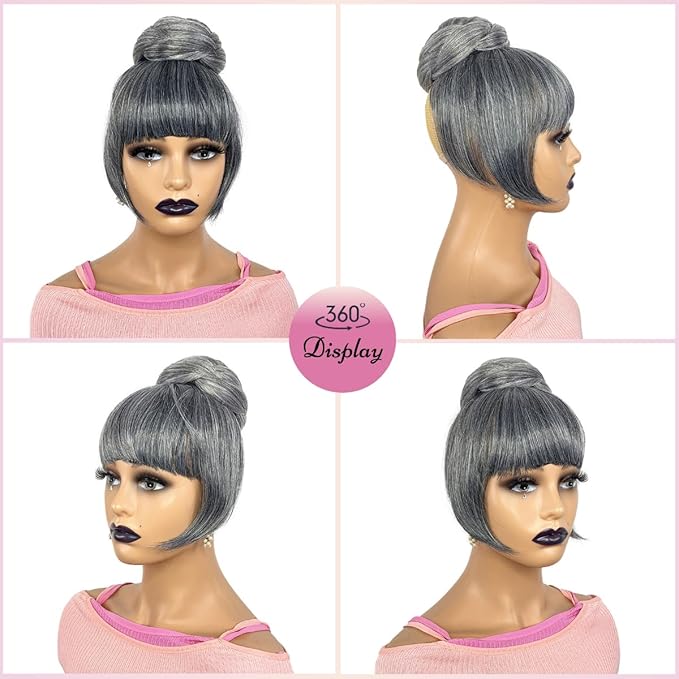 Grey Bun &amp Bangs Set 2PCS - Quick Clip in Ponytail Bun with Bang M Size Updo Twist Braided Chignon Scrunchie Hair Piece for Black Women