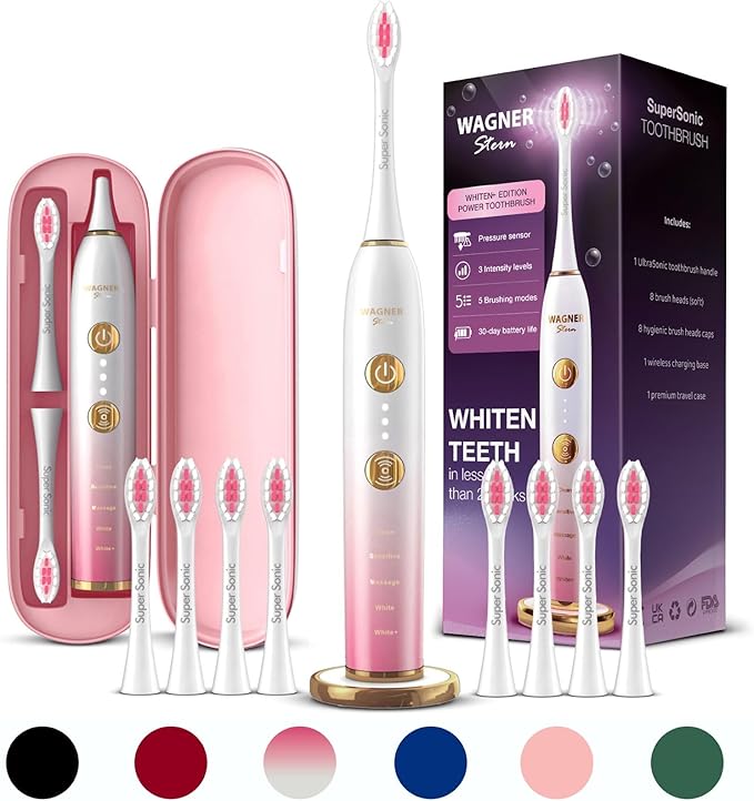Wagner Stern WT8900 Series Electric Toothbrush ? Whitening &amp Pressure Sensor 5 Modes 3 Intensities 8 Soft Brush Heads Rechargeable Travel Case Included