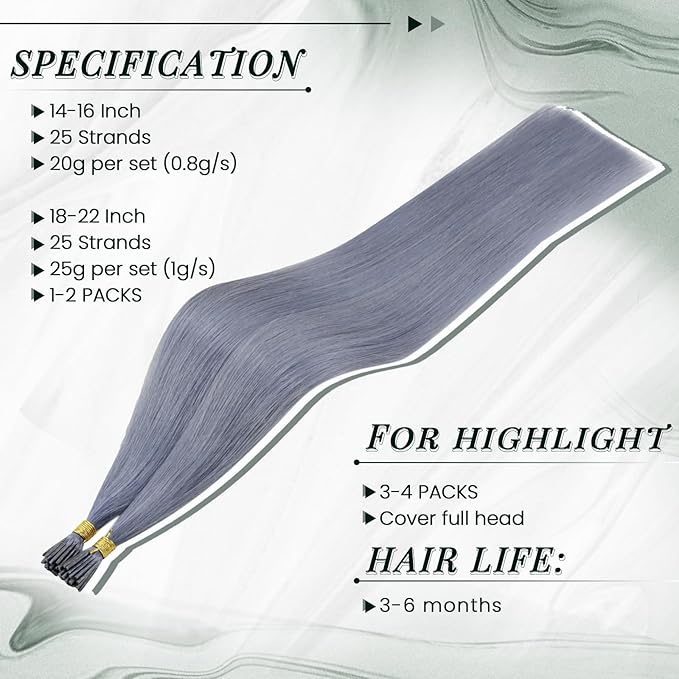 RUNATURE I Tip Hair Extensions Real Human Hair Grey Blue Colored Hair Extensions 22 Inch Long I Tip Hair Extension Human Hair Blue Pre Bonded Hair Extension Remy Natural Hair for Women 25g 25s