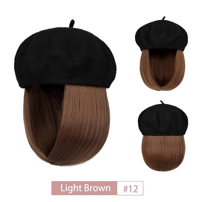 Hat Wig Beret Hat with Hair Extensions Classic French Wool Hat Straight Short Bob Hairpiece Women Bob Wig Hats