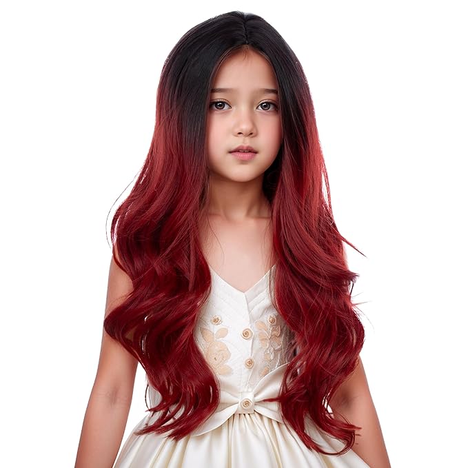 Black Ombre Red Wig for Kids Long Black Mixed Wine Red Middle Part Wig for Child Long Wavy Curly Wigs for Girls Heat Resistant Synthetic Wigs with Cap