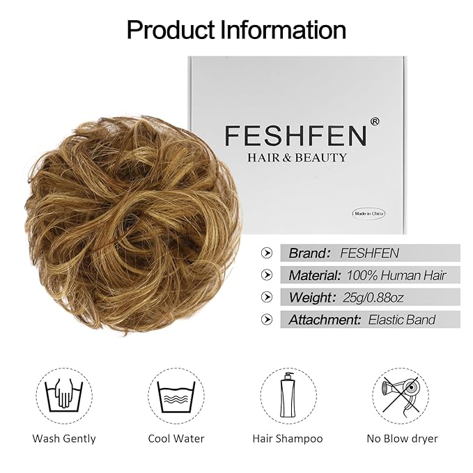 FESHFEN Human Messy Buns - 100% Human Hair Bun Real Scrunchies Hair Pieces Ponytail Extensions Wavy Tousled Updo Chignon Hairpieces for WomenLight Brown Mixed Blonde