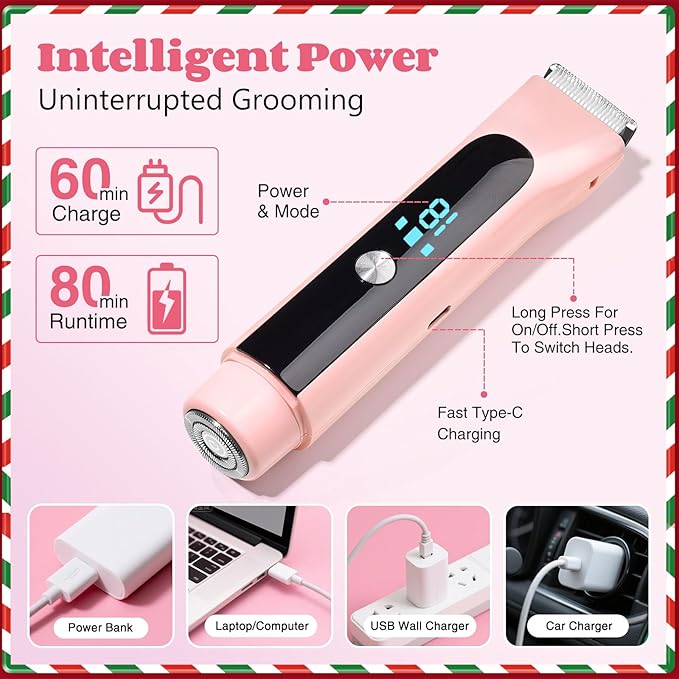 2-in-1 Bikini Trimmer for Women Dual-Head Bikini Shaver for Painless Pubic &amp Facial Hair Removal IPX7 Waterproof Type-C Fast Charge Long Cordless Use Holiday Gift Christmas &amp New Year Gif